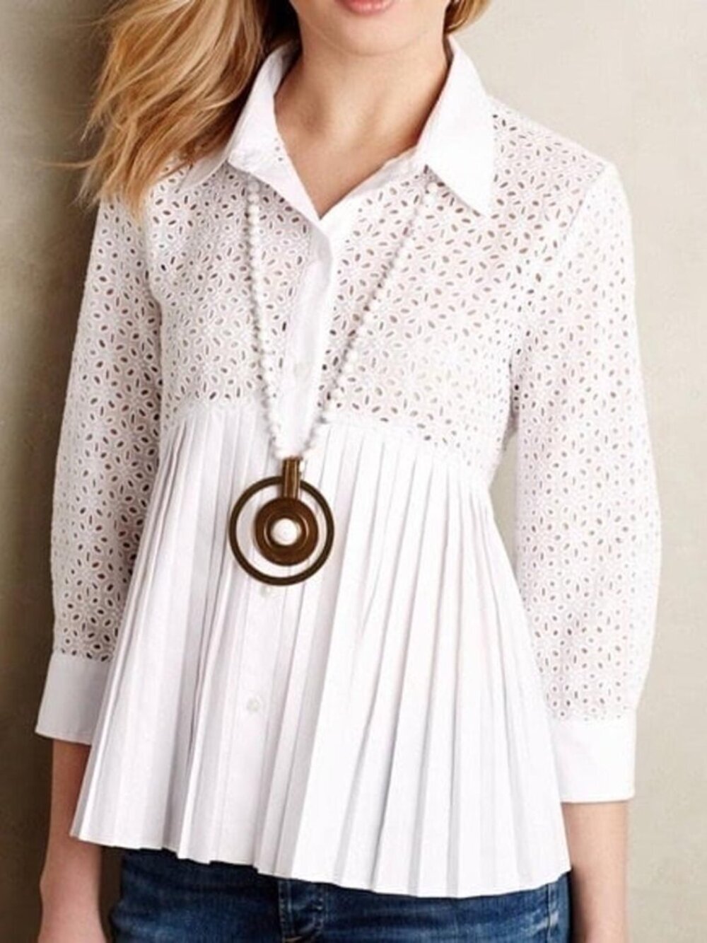 HD in Paris Anthropologie White Eyelet Lace Pleated Blouse | 2